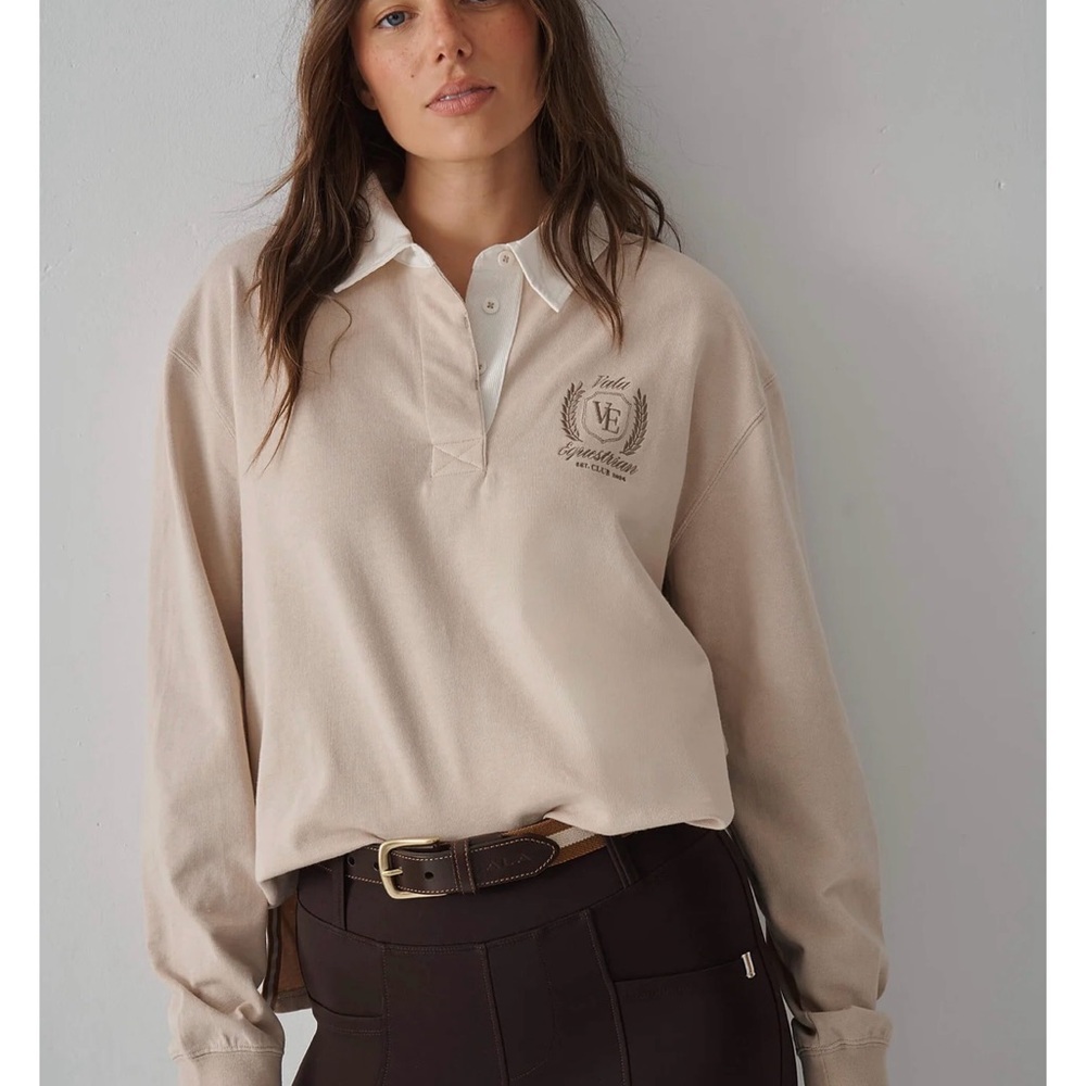 VALA Women’s Beige Polo Shirt with Embroidered Crest Size Small